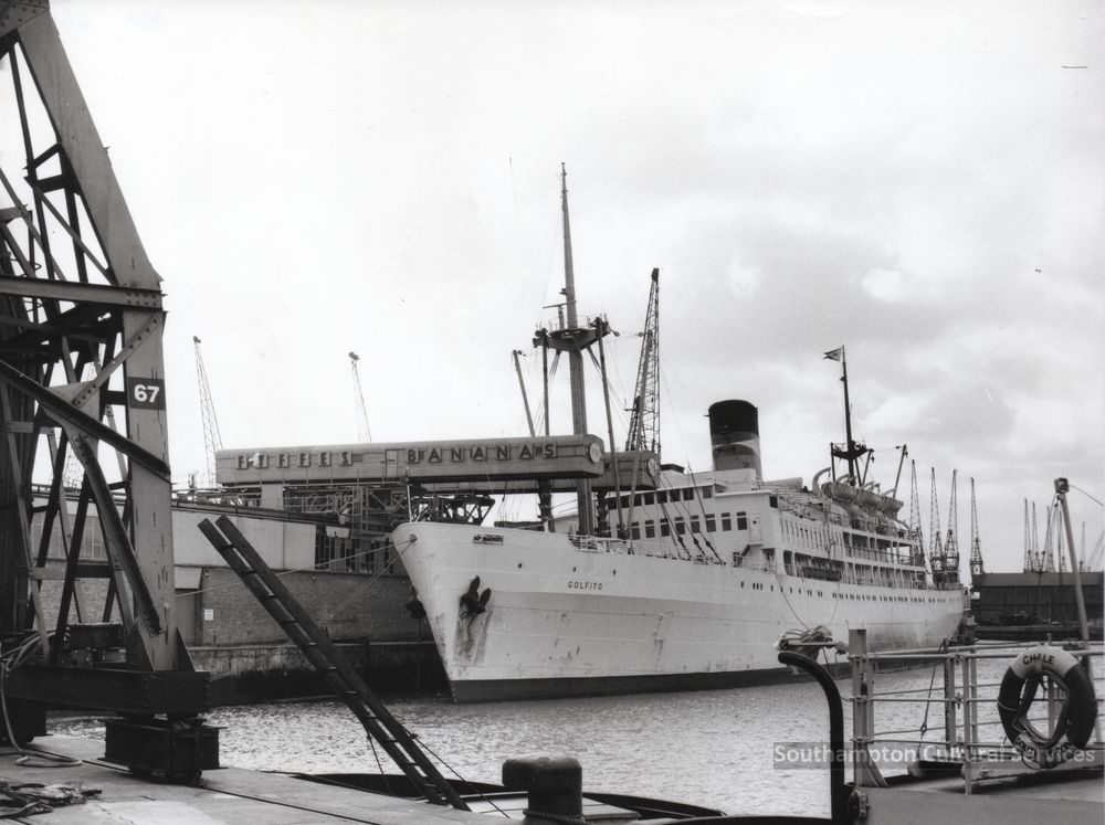 The SS Golfito moored at the Fyffes Bananas warehouse on Berth 67, Southampton Docks, mid-twentieth century